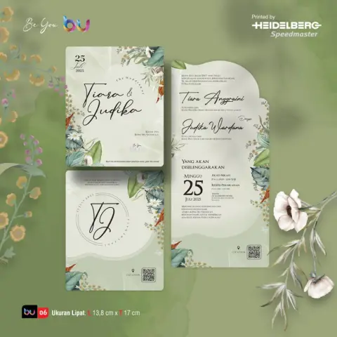Contoh undangan pernikahan cetak lipat BU-06, tema daun hijau sage