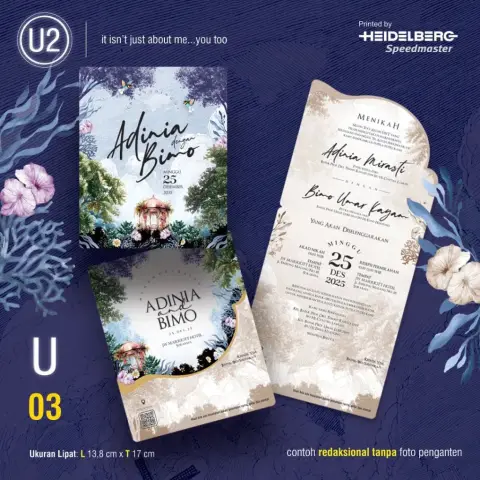 Contoh undangan pernikahan cetak lipat U-03, tema taman biru dengan gazebo