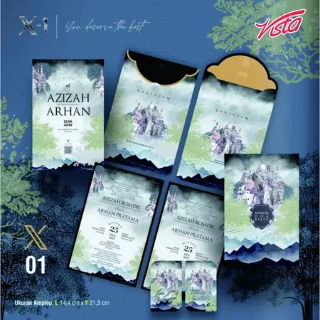 Contoh undangan pernikahan cetak X-01 dengan amplop, tema pegunungan dan pepohonan biru hijau