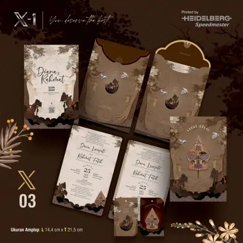 Contoh undangan pernikahan cetak X-03 dengan amplop dan tag, tema wayang cokelat