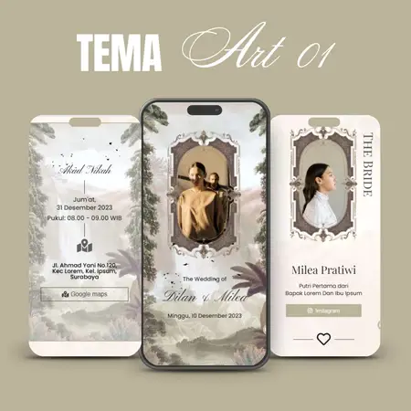 Contoh undangan digital tema Art 01, abu hijau dengan foto pengantin dalam bingkai