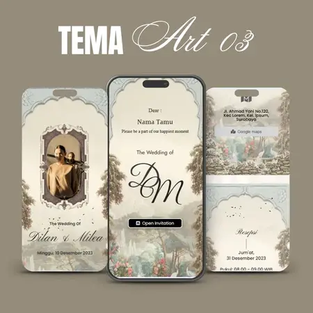 Contoh undangan digital tema Art 03, krem klasik dengan peta lokasi dan jadwal resepsi