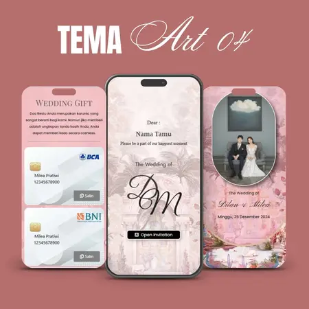 Contoh undangan digital tema Art 04, merah muda dengan amplop kado digital