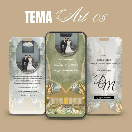 Contoh undangan digital tema Art 05, hijau dengan foto pengantin